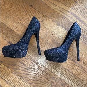 Worn once, black glitter pumps size 5, 5.25” high